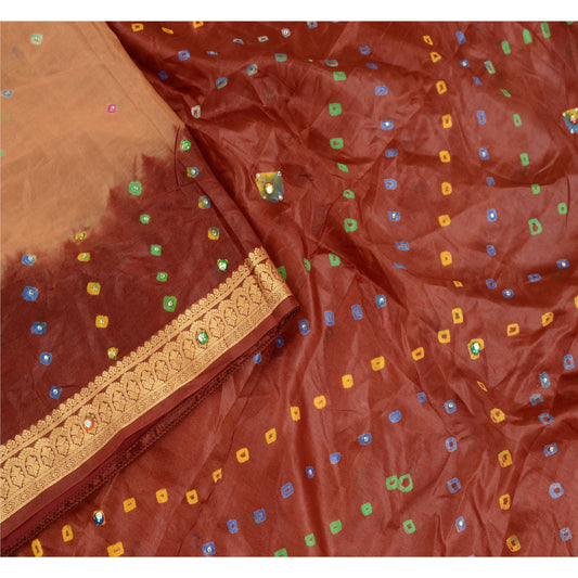 Sanskriti Vintage Brown Sarees Pure Silk Bandhani Printed Rhinestone Sari Sustainable Fabric